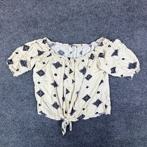 Lilian Blouse Top Womens 1X Beige Medallion Off The Shoulder Knot Button Front